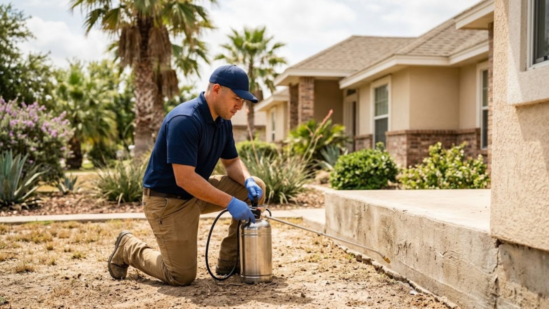 Brownsville Pest Control technician treating the foundation of a Rio Grande Valley home
