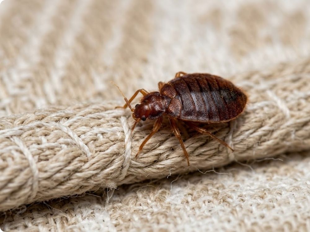 Reddish-brown bed bug on a mattress seam
