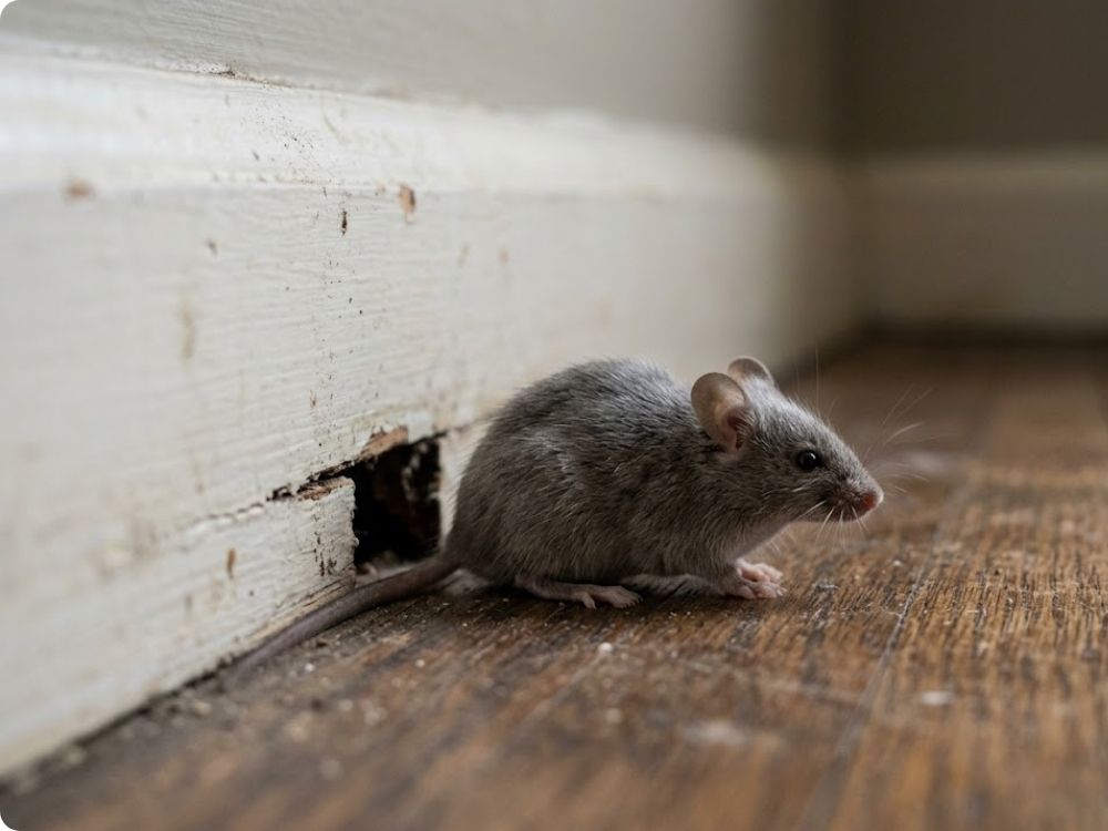 Small gray house mouse beside a baseboard gap