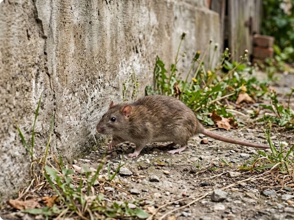 Brown Norway rat beside a foundation wall