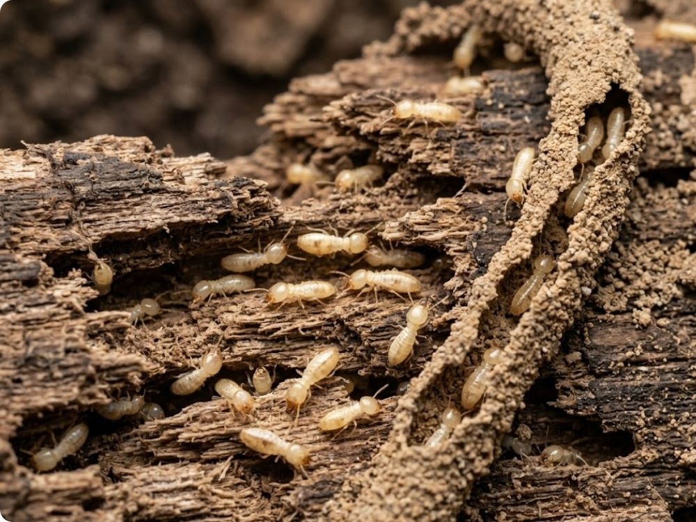 Pale subterranean termite workers on damaged wood, a major Rio Grande Valley pest