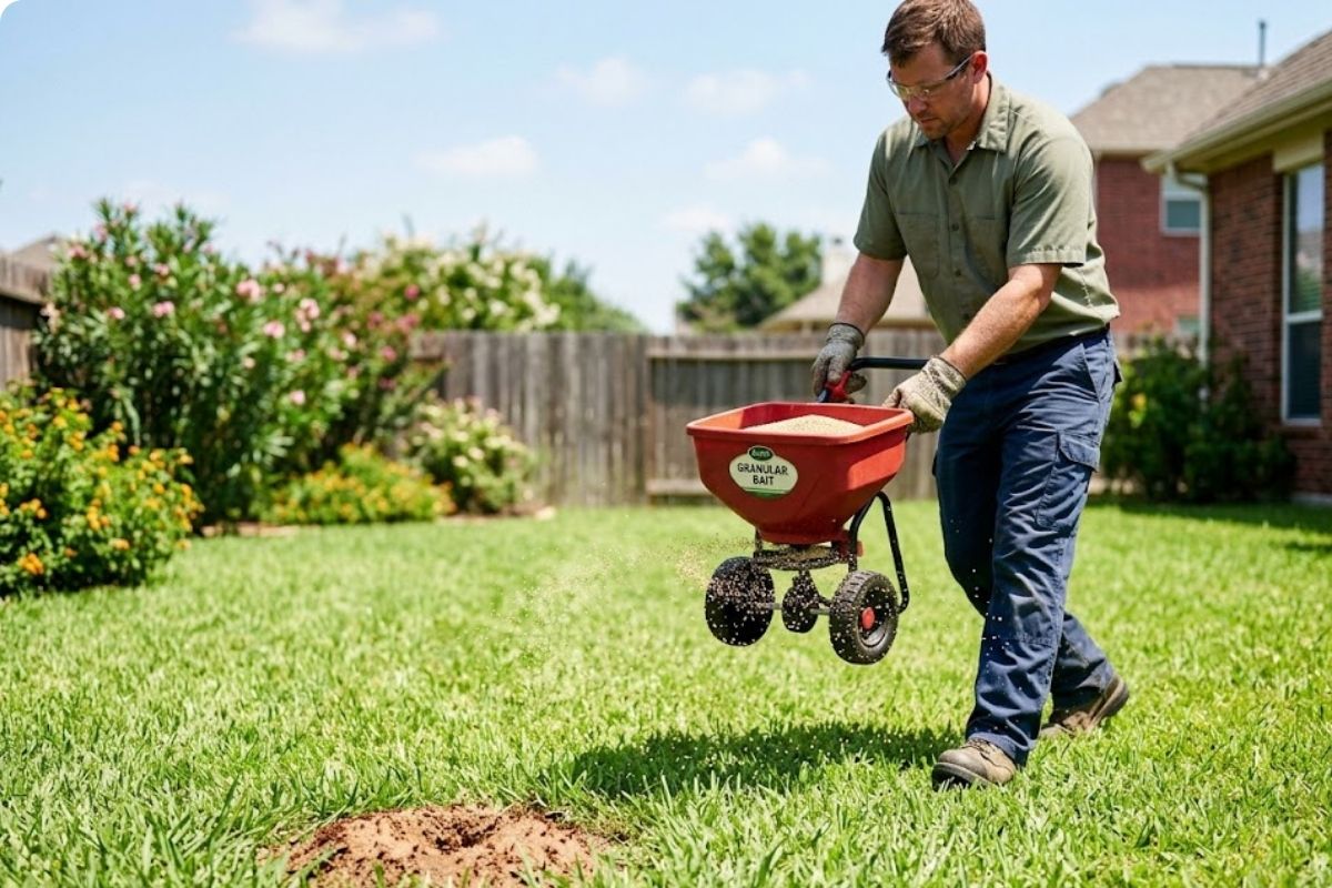 Technician broadcasting granular ant bait across a sunny Brownsville lawn