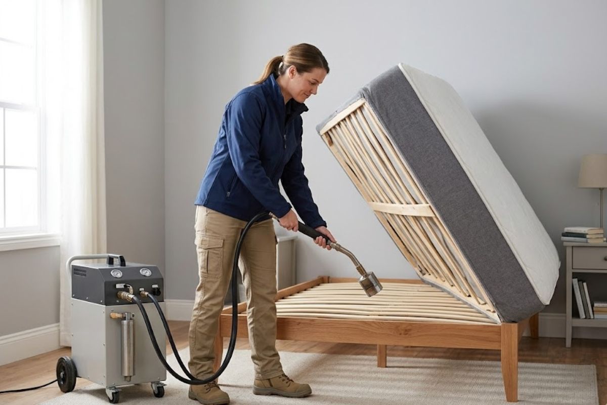 Bed bug technician inspecting a lifted mattress during treatment in a Brownsville bedroom