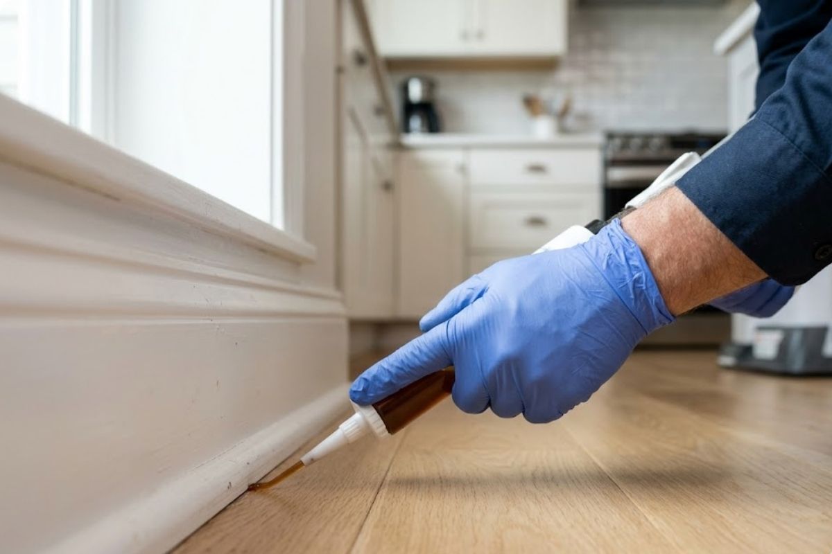Pest control technician applying targeted cockroach gel bait along a kitchen baseboard in a Brownsville home