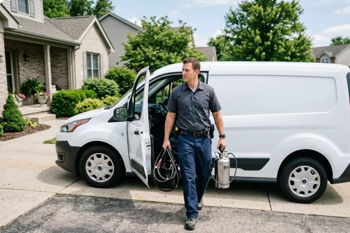 Same-day pest control technician stepping out of a service van in a Brownsville driveway