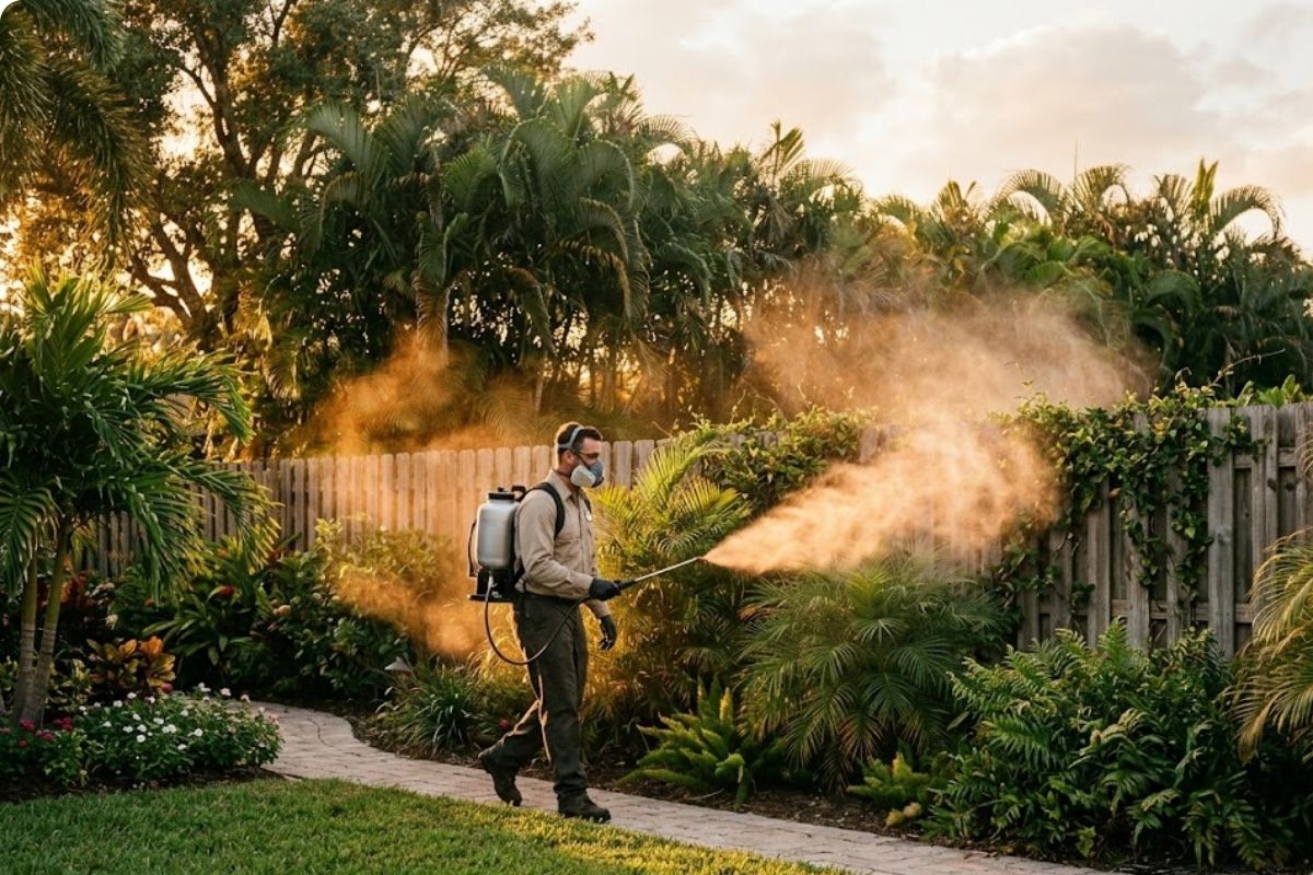 Technician fogging a Brownsville backyard perimeter for mosquitoes at golden hour