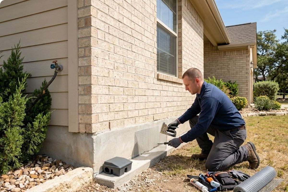 Mouse exterminator sealing a quarter-inch foundation gap on a Brownsville home