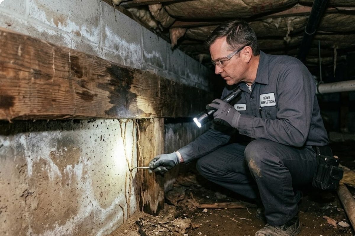 Technician inspecting a wooden foundation beam for subterranean termite mud tubes in Brownsville