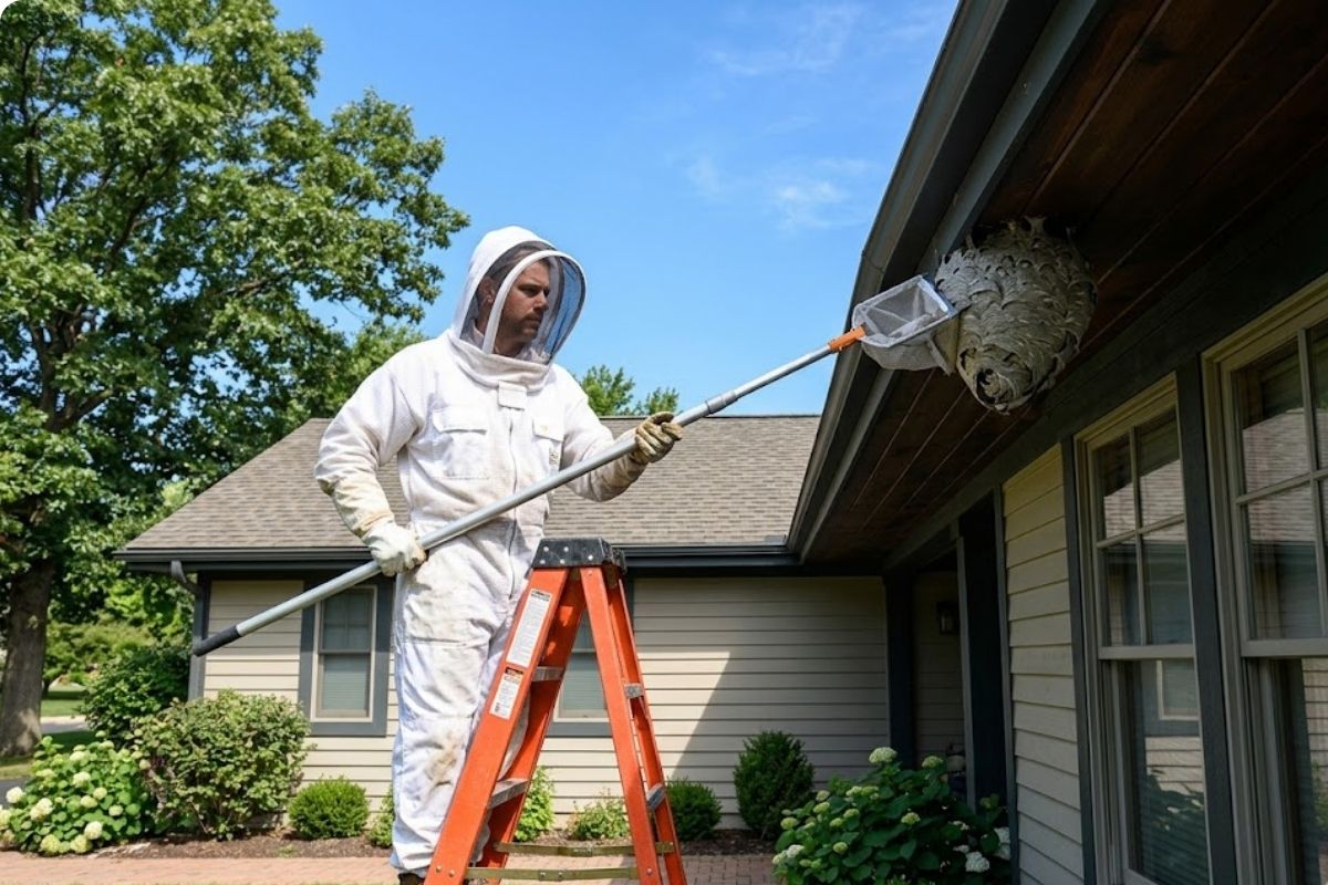 Yellow jacket removal from a residential eave by a protected technician in Brownsville